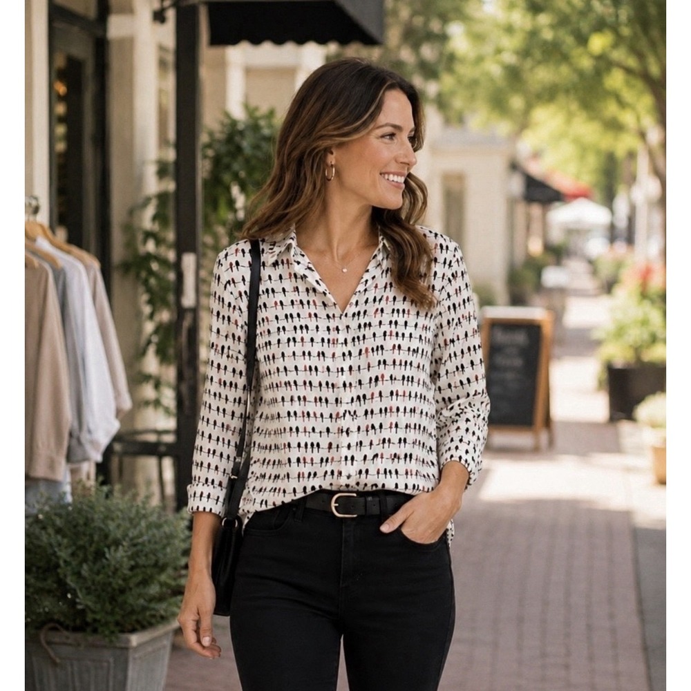 Jane and Delancey Birds on a Wire Button Down Shirt Ivory Plus 2X Long Sleeve
